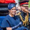 Le prince Harry, duc de Sussex, et Meghan Markle, duchesse de Sussex, première apparition publique de la duchesse depuis la naissance du bébé royal Archie lors de la parade Trooping the Colour 2019, célébrant le 93ème anniversaire de la reine Elisabeth II, au palais de Buckingham, Londres, le 8 juin 2019.