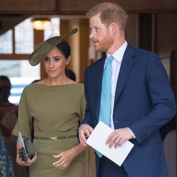 Le prince Harry, duc de Sussex, et la Meghan Markle, duchesse de Sussex - La famille royale d'Angleterre lors du baptême du prince Louis en la chapelle St James à Londres. Le 9 juillet 2018