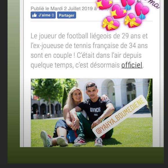 Marion Bartoli affiche son amour pour le footballeur Yahya Boumediene sur son compte Instagram (2019).