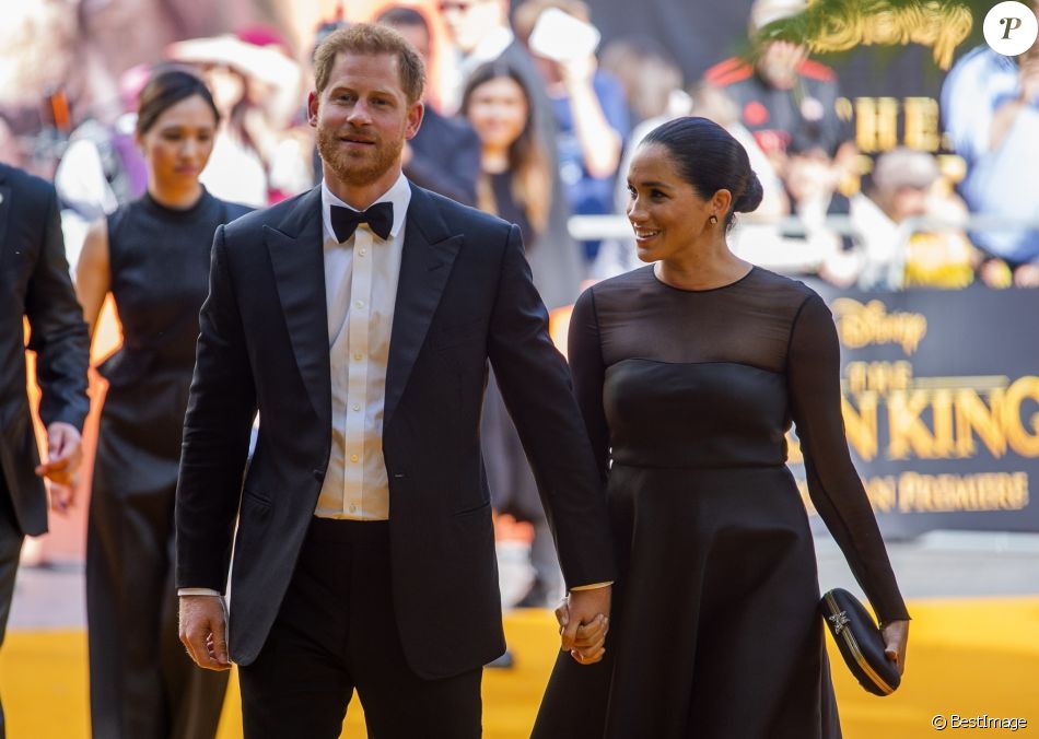 Le prince Harry, duc de Sussex, et Meghan Markle, duchesse de Sussex, Ã  la premiÃ¨re du film "Le Roi Lion" au cinÃ©ma Odeon Luxe Leicester Square Ã  Londres, le 14 juillet 2019.