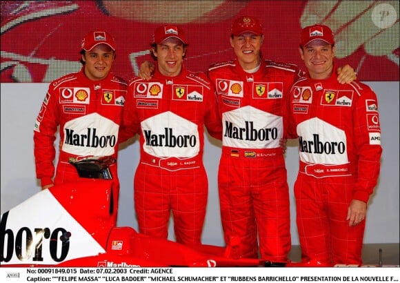 Felipe Massa, Luca Badoer, Michael Schumacher et Rubens Barrichello lors de la présentation de la nouvelle Ferrari en février 2003.