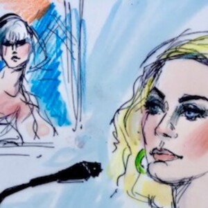 Exclusif - Illustrations de Katy Perry et Marcus Gray (dit "Flame") au tribunal, où Katy répond d'accusations de plagiat. Los Angeles, le 18 juillet 2019.