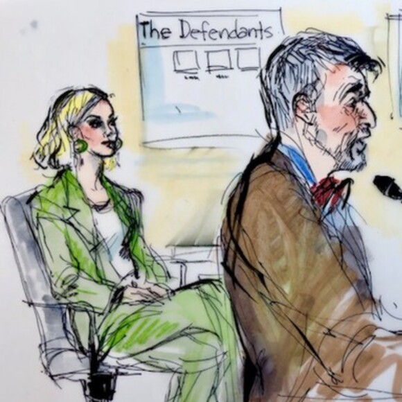 Exclusif - Illustrations de Katy Perry et Marcus Gray (dit "Flame") au tribunal, où Katy répond d'accusations de plagiat. Los Angeles, le 18 juillet 2019.