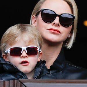 La princesse Charlène de Monaco et son fils le prince Jacques de Monaco lors de la 9ème édition du Tournoi Sainte Dévote de Rugby au Stade Louis II à Monaco, le 11 mai 2019. © Claudia Albuquerque/Bestimage