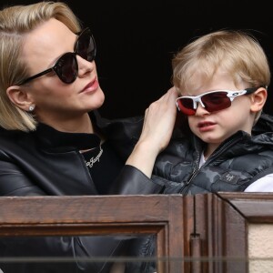 La princesse Charlène de Monaco et son fils le prince Jacques de Monaco lors de la 9ème édition du Tournoi Sainte Dévote de Rugby au Stade Louis II à Monaco, le 11 mai 2019. © Jean-Charles Vinaj/Pool/Bestimage