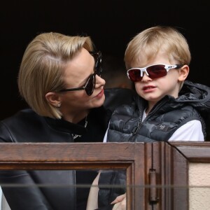 La princesse Charlène de Monaco et son fils le prince Jacques de Monaco lors de la 9ème édition du Tournoi Sainte Dévote de Rugby au Stade Louis II à Monaco, le 11 mai 2019.  © Jean-Charles Vinaj/Pool/Bestimage