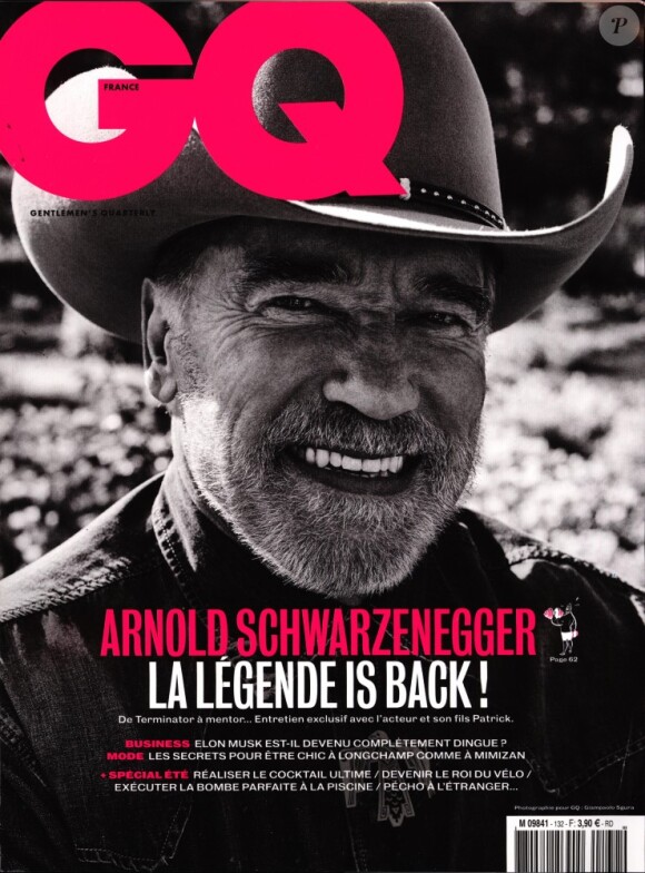 Arnold Schwarzenegger en couverture du magazine "GQ", le 23 juillet 2019 en kiosques.