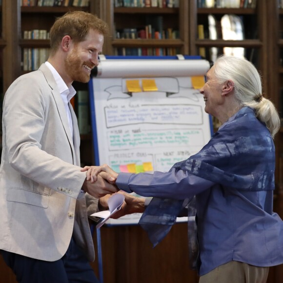 Le prince Harry, duc de Sussex, s'entretient avec le Dr Jane Goodal dans le cadre se son programme Roots & Shoots Global Leadership au chateau de Windsor dans le Berkshire, le 23 juillet 2019.  The Duke of Sussex hugs Dr Jane Goodall as he attends her Roots & Shoots Global Leadership Meeting at Windsor Castle in Berkshire. Windsor, July 23rd 2019.23/07/2019 - Windsor