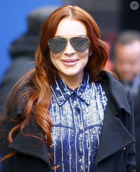 Lindsay Lohan à la sortie des studios de l'émission "Good Moring America" à New York, où elle est venue faire la promotion de son émission de télé réalité "Lindsay Lohan's Beach Club". Le 7 janvier 2019.