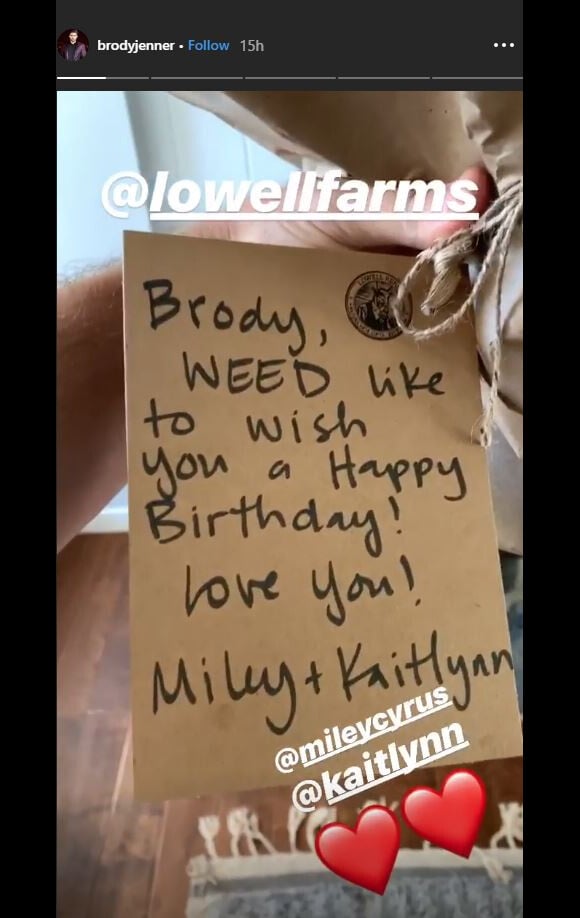 Brody Jenner, gâté par son ex-femme Kaitlynn Carter et son amie Miley Cyrus pour son anniversaire. Instagram story du 21 août 2019.