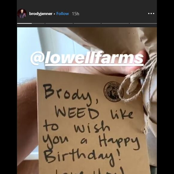 Brody Jenner, gâté par son ex-femme Kaitlynn Carter et son amie Miley Cyrus pour son anniversaire. Instagram story du 21 août 2019.