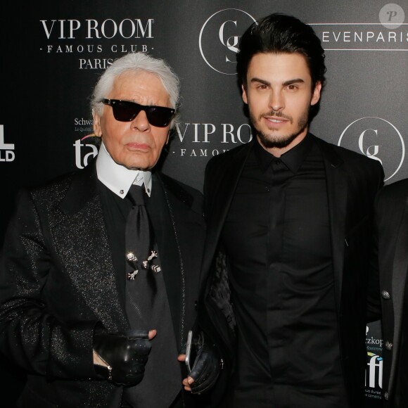 Karl Lagerfeld et Baptiste Giabiconi - Soirée "Giabiconistyle.com opening" au Vip Room à Paris le 28 février 2015.
