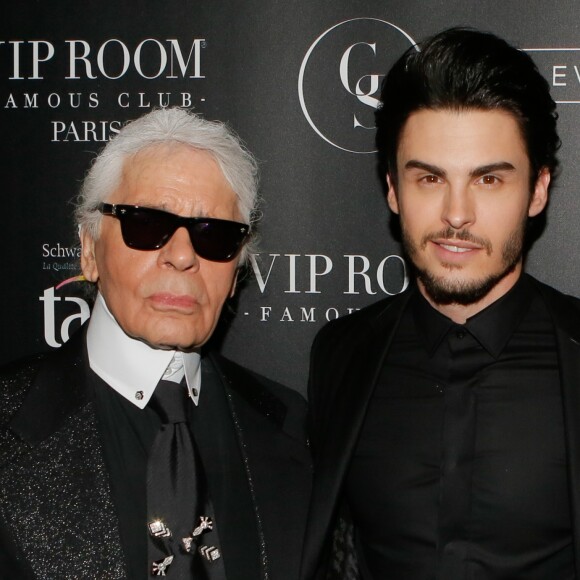 Karl Lagerfeld et Baptiste Giabiconi - Soirée "Giabiconistyle.com opening" au Vip Room à Paris le 28 février 2015.