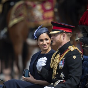 Le prince Harry, duc de Sussex, et Meghan Markle, duchesse de Sussex, première apparition publique de la duchesse depuis la naissance du bébé royal Archie lors de la parade Trooping the Colour 2019, célébrant le 93ème anniversaire de la reine Elisabeth II, au palais de Buckingham, Londres, le 8 juin 2019.