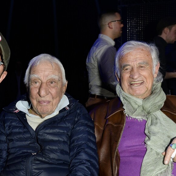 Kad Merad, Charles Gérard et Jean-Paul Belmondo au match de boxe "La Conquête" Acte 4 T.Yoka VS C.Leonet au palais des sports de Paris le 7 avril 2018 (Victoire de T.Yoka au 5 ème round) © Pierre Perusseau / Bestimage