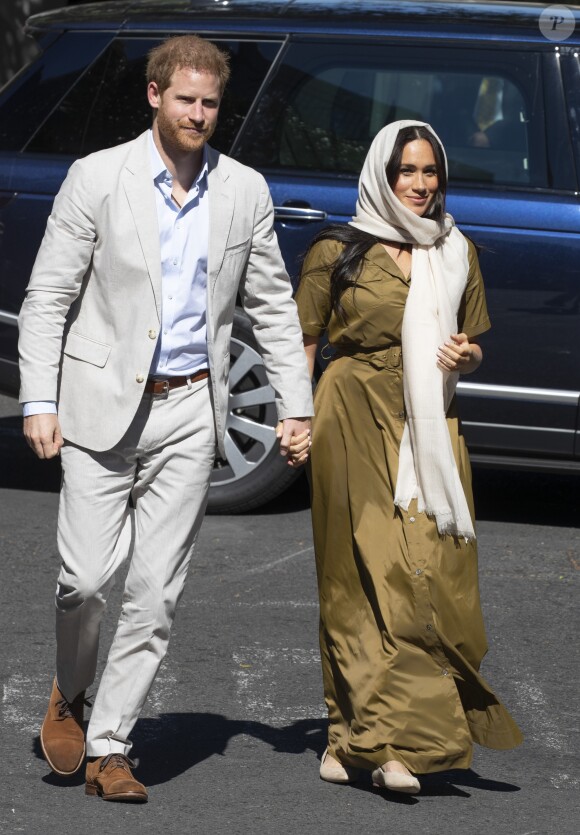 Meghan Markle, duchesse de Sussex, et le prince Harry ont visité la mosquée Auwal, la plus ancienne d'Afrique du Sud, dans le quartier de Bo-Kaap au Cap, le 24 septembre 2019 dans le cadre de leur visite officielle et de l'Heritage Day, un jour férié dans le pays.