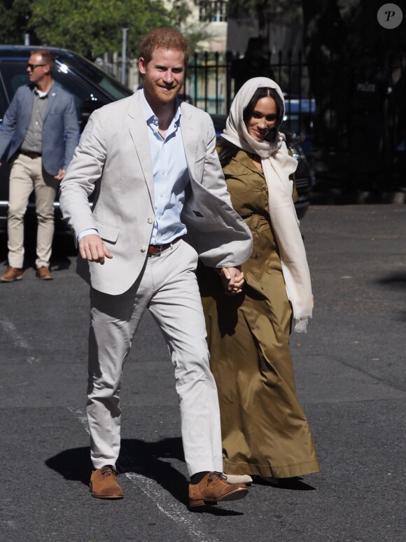 Meghan Markle, duchesse de Sussex, et le prince Harry ont visité la mosquée Auwal, la plus ancienne d'Afrique du Sud, dans le quartier de Bo-Kaap au Cap, le 24 septembre 2019 dans le cadre de leur visite officielle et de l'Heritage Day, un jour férié dans le pays.
