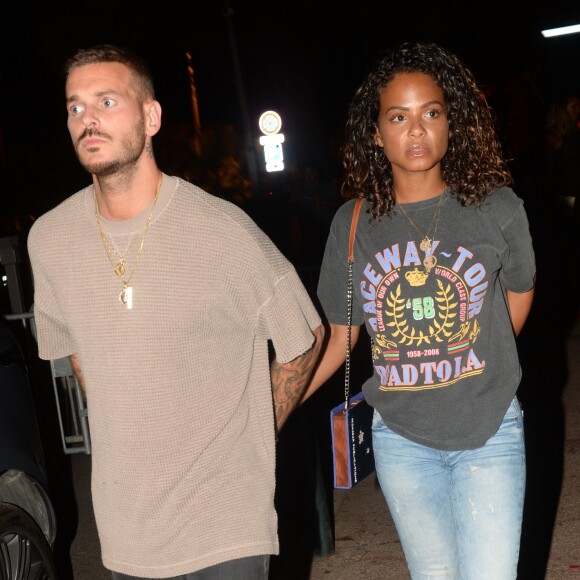 Exclusif  - Matt Pokora (M. Pokora) et sa compagne Christina Milian à la sortie du VIP Room à Saint-Tropez, le 17 août 2018. © Rachid Bellak/Bestimage