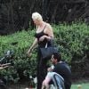 Exclusif - Brigitte Nielsen, son mari Mattia Dessi et leur fille Frida passent la journée au parc en famille accompagnés de leur petit chien à Los Angeles, le 2 octobre 2019