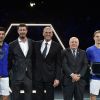 Novak Djokovic remporte le tournoi Rolex Paris Masters 2019 face à Denis Shapovalov (6/3 - 6/4). Paris, le 3 novembre 2019. Marat Safin, Guy Forget (directeur du tournoi Rolex Paris Masters) et Bernard Giudicelli (president FFT) participent à la remise du trophée.