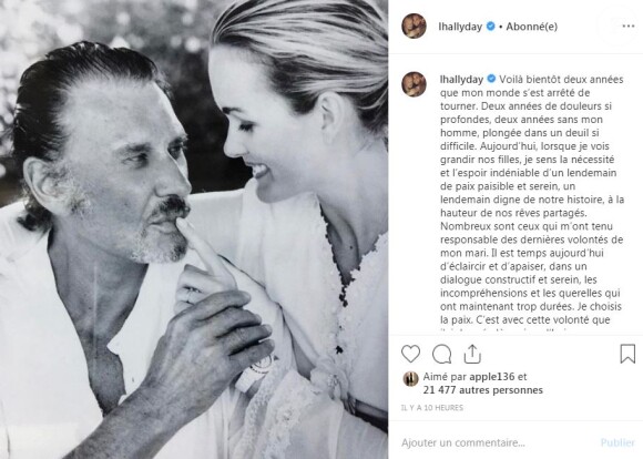 Laeticia Hallyday publie un message sur sa page Instagram le 15 octobre 2019, dans lequel elle écrit choisir la paix et vouloir bâtir un dialogue constructif avec Laura Smet et David Hally dans la guerre de l'héritage qui les opposent depuis plus d'un an et demi.