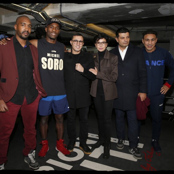 Exclusif - Abdoulaye Fadiga, Michel Soro, Brahim Assloum, Rachida Dati, Gérard Loureiro, Ali Oubaali. Rachida Dati se rend au Champion Spirit Rive Gauche pour l' entrainement de Michel Soro, détenteur de la ceinture de champion du monde des Super Welters, à 48H de son combat face à Cédric Vitu. Paris, le 13 novembre 2019. © Alain Guizard/Bestimage13/11/2019 - Paris