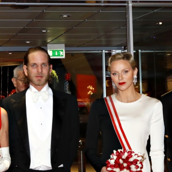 La princesse Caroline de Hanovre, son fils Andrea Casiraghi, la princesse Charlene et le prince Albert II de Monaco - Soirée de gala au Grimaldi Forum le 19 novembre 2018 dans le cadre de la Fête Nationale Monégasque 2018. Cette année, c'est le ballet Samsom et Dalila de Camille Saint Saens avec l'orchestre philharmonique de Monte Carlo, les choeurs de Monte Carlo et les Ballets de l'Opéra de Shangai qui est joué sur la scène de la salle des Princes. © Claudia Albuquerque/ Bestimage