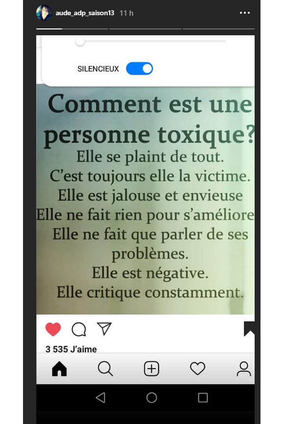 Aude (L'amour est dans le pré) via sa story Instagram - 20 novembre 2019