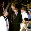 La princesse Anne, le prince Harry, son frère le prince William et leurs cousines Zara Phillips, Beatrice et Eugenie d'York, à Sandringham pour la messe de Noël, en 2004.