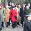 Le prince Charles, prince de Galles, la princesse Anne, Autumn Phillips, Peter Phillips, le prince Philip, Tim Laurence, le prince William, Kate Middleton (enceinte) et le prince Harry - La reine accompagnée des membres de la famille royale anglaise assiste à la messe de Noël à Sandringham, le 25 décembre 2014.