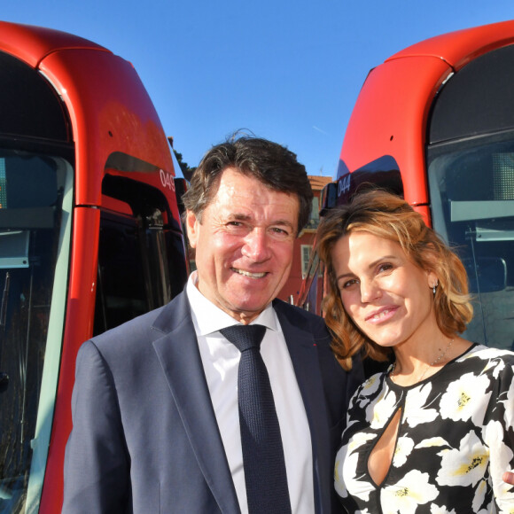 Christian Estrosi, le maire de Nice, et sa femme Laura Tenoudji Estrosi durant l'inauguration de la ligne 2 du tramway sur le quai Napoléon 1er, à Nice le 14 décembre 2019. © Bruno Bebert / Bestimage