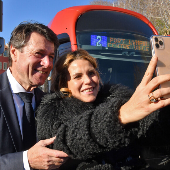 Christian Estrosi, le maire de Nice, et sa femme Laura Tenoudji Estrosi durant l'inauguration de la ligne 2 du tramway sur le quai Napoléon 1er, à Nice le 14 décembre 2019. © Bruno Bebert / Bestimage