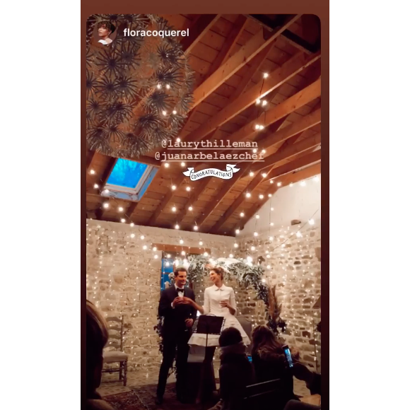 Laury Thilleman en robe Delphine Manivet pour son mariage avec Juan Arbelaez, en Bretagne, le 21 décembre 2019.