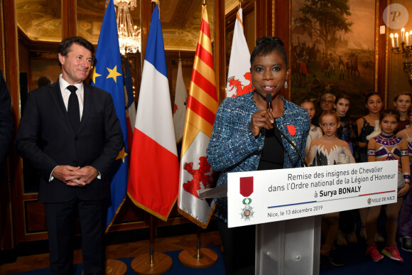 Exclusif - Surya Bonaly reçoit les Insignes de Chevalier dans l'Ordre de la Légion d'Honneur par le maire de Nice, Christian Estrosi, dans les salons du Musée Masséna. Nice, le 13 décembre 2019. © Bruno Bebert / Bestimage