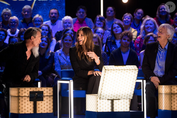 Exclusif - Florent Pagny, Iris Mittenaere et le chanteur Dave - Enregistrement de l'émission "La boite à secrets" N°2, présentée par F.Bollaert, et qui sera diffusée le 20 décembre sur France 3 en prime time. Le 8 octobre 2019 © Tiziano Da Silva / Bestimage