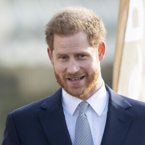 Le prince Harry, duc de Sussex, rencontre des jeunes joueurs de rugby dans les jardins du palais de Buckhingam à Londres le 16 janvier 2020.