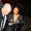 Rihanna à la sortie du club 1OAK après la soirée des Grammy Awards à New York le 28 janvier 2018, à laquelle son compagnon Hassan Jameel était également présent.