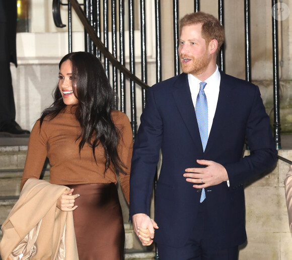 Meghan Markle, duchesse de Sussex, et le prince Harry, duc de Sussex, le 7 janvier 2020 lors de leur visite à la Maison du Canada à Londres suite à leur séjour outre-Atlantique dans les semaines précédentes.