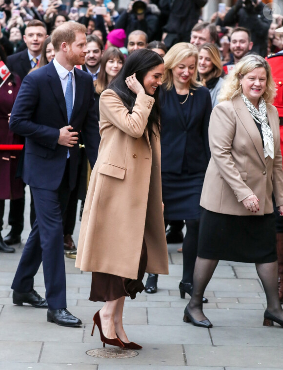 Meghan Markle, duchesse de Sussex, et le prince Harry, duc de Sussex, le 7 janvier 2020 lors de leur visite à la Maison du Canada à Londres suite à leur séjour outre-Atlantique dans les semaines précédentes.