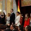 Le roi Felipe VI d'Espagne, accompagné de sa femme la reine Letizia et de leurs filles la princesse Leonor des Asturies et l'infante Sofia, présidait à la cérémonie d'ouverture de la XIVe législature au Parlement espagnol, le 3 février 2020 à Madrid.