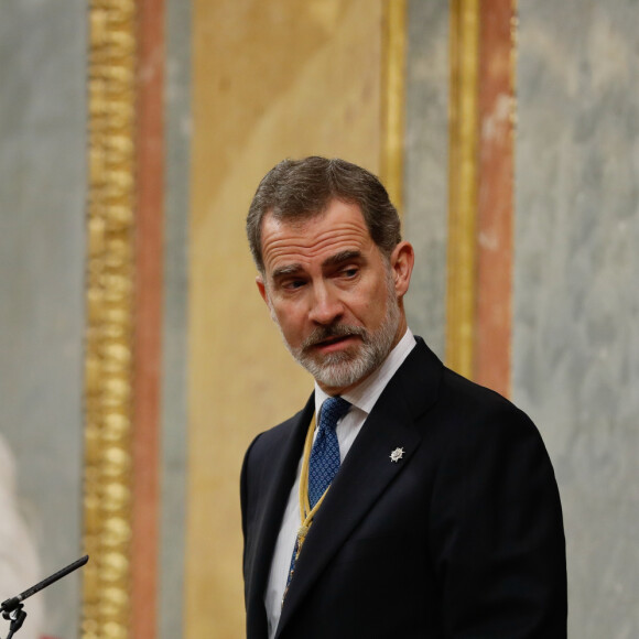 Le roi Felipe VI d'Espagne, accompagné de sa femme la reine Letizia et de leurs filles la princesse Leonor des Asturies et l'infante Sofia, présidait à la cérémonie d'ouverture de la XIVe législature au Parlement espagnol, le 3 février 2020 à Madrid.