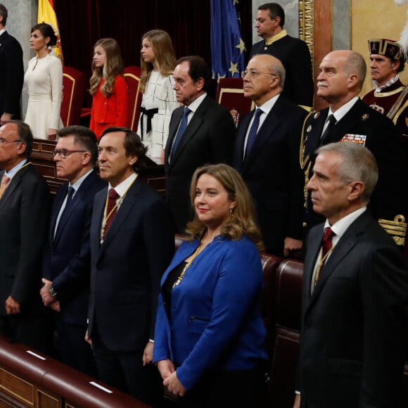 Le roi Felipe VI d'Espagne, accompagné de sa femme la reine Letizia et de leurs filles la princesse Leonor des Asturies et l'infante Sofia, présidait à la cérémonie d'ouverture de la XIVe législature au Parlement espagnol, le 3 février 2020 à Madrid.