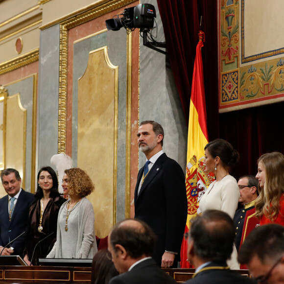 Le roi Felipe VI d'Espagne, accompagné de sa femme la reine Letizia et de leurs filles la princesse Leonor des Asturies et l'infante Sofia, présidait à la cérémonie d'ouverture de la XIVe législature au Parlement espagnol, le 3 février 2020 à Madrid.