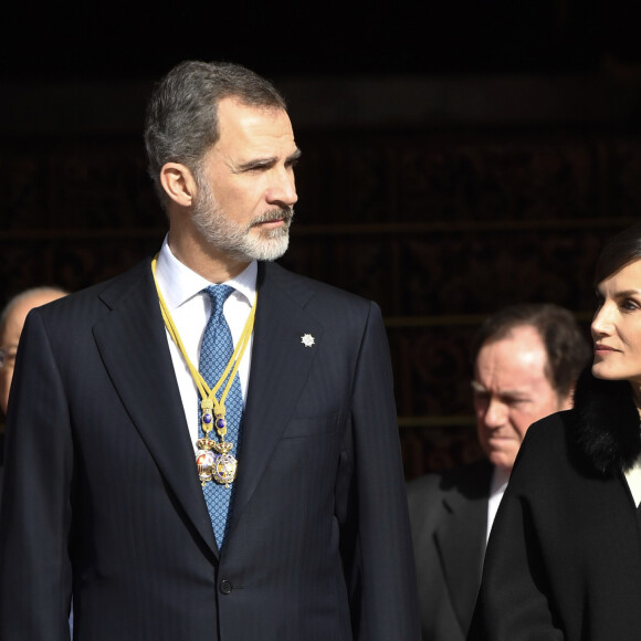 Le roi Felipe VI d'Espagne, accompagné de sa femme la reine Letizia et de leurs filles la princesse Leonor des Asturies et l'infante Sofia, présidait à la cérémonie d'ouverture de la XIVe législature au Parlement espagnol, le 3 février 2020 à Madrid.