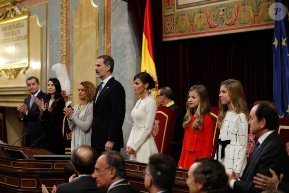 Le roi Felipe VI d'Espagne, accompagné de sa femme la reine Letizia et de leurs filles la princesse Leonor des Asturies et l'infante Sofia, présidait à la cérémonie d'ouverture de la XIVe législature au Parlement espagnol, le 3 février 2020 à Madrid.