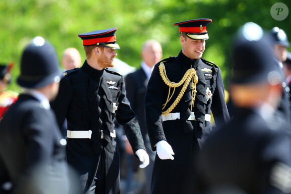 Les princes Harry et William arrivent à la chapelle St. George au château de Windsor - Mariage du prince Harry et de Meghan Markle au château de Windsor, Royaume Uni, le 19 mai 2018.