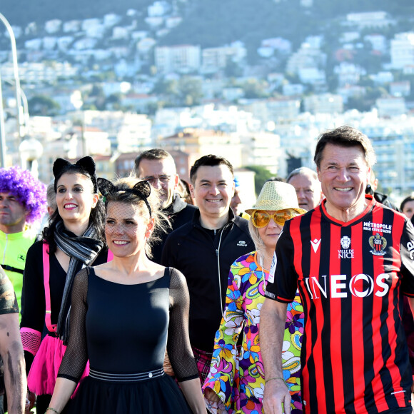 Christian Estrosi, le maire de Nice et sa femme Laura Tenoudji participent au jogging du Carnaval de Nice sur la promenade des Anglais à Nice, le 15 février 2020. Tous les participants sont déguisés. © Bruno Bebert / Bestimage