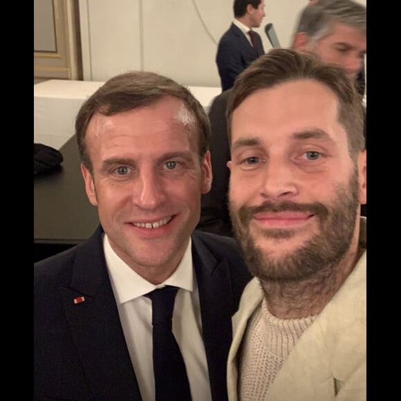 Emmanuel Macron et Simon Porte Jacquemus lors du dîner offert par le président de la République et madame Brigitte Macron en l'honneur de la création et à l'occasion de la semaine de la mode, au palais de l'Élysée. Paris, le 24 février 2020.