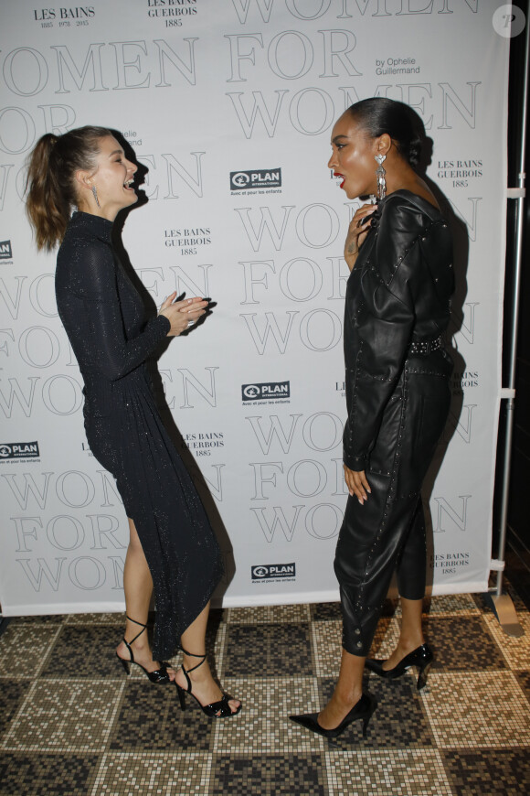 Ophélie Guillermand et Jourdan Dunn lors de la vente aux enchères caritative à la soirée "Women for Women" aux Bains-Douches à Paris, France, le 27 février 2020, en marge de la semaine de la mode à Paris. La top model O.Guillermand et J.P.Marois, Propriétaire des Bains, ont réuni la mode en pleine fashion week pour une vente de charité au profit de Plan International France. Grâce aux généreuses donations de femmes photographes et avec le soutien gracieux de Maître A.Giquello, Président de Drouot Patrimoine,O.Guillermand a mis aux enchères une quinzaine de photographies de femmes prises par des femmes photographes au profit de programmes en faveur des droits des filles menés par l'ONG Plan International France. La soirée a permis de récolter 51 000 € grâce à la vente aux enchères de photographies signées par Ellen Von Unwerth, Sonia Sieff, Amanda Charchian, Ami Sioux, Anna Palma, Bibi Borthwick, Camilla Akrans, Carin Backoff, Carlotta Kohl, Charlotte Wales, Danielle Levitt, Emma Tempest, Maripol, Pamela Hanson, Posternak Tanya & Zhenya et Yulia Gorbachenko. © Veeren-Clovis/Bestimage