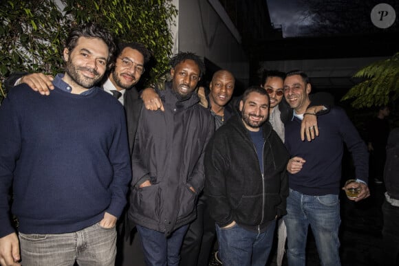 Karim Merabet, Olivier Bassuet, Ladj Ly, le rappeur Oxmo Puccino (Abdoulaye Diarra), Mouloud Achour, Kim Chapiron et DJ Cream lors de la remise de la médaille d'Officier des Arts et des Lettres au rappeur O.Puccino par l'acteur, réalisateur et producteur V.Cassel à l'hôtel du Collectionneur à Paris, France, le 2 mars 2020. © Jack Tribeca/Bestimage